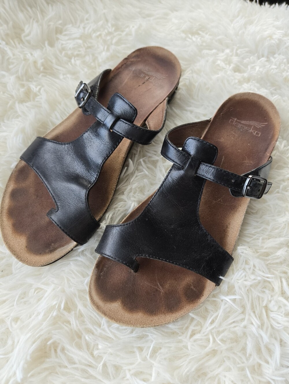 Dansko Remi Black Waxed Leather Toe-Loop Cork Sandal